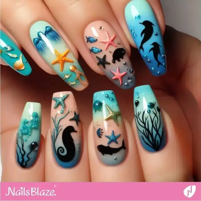 Embellished Marine Life Nails with Starfish | Save the Ocean Nails - NB2763